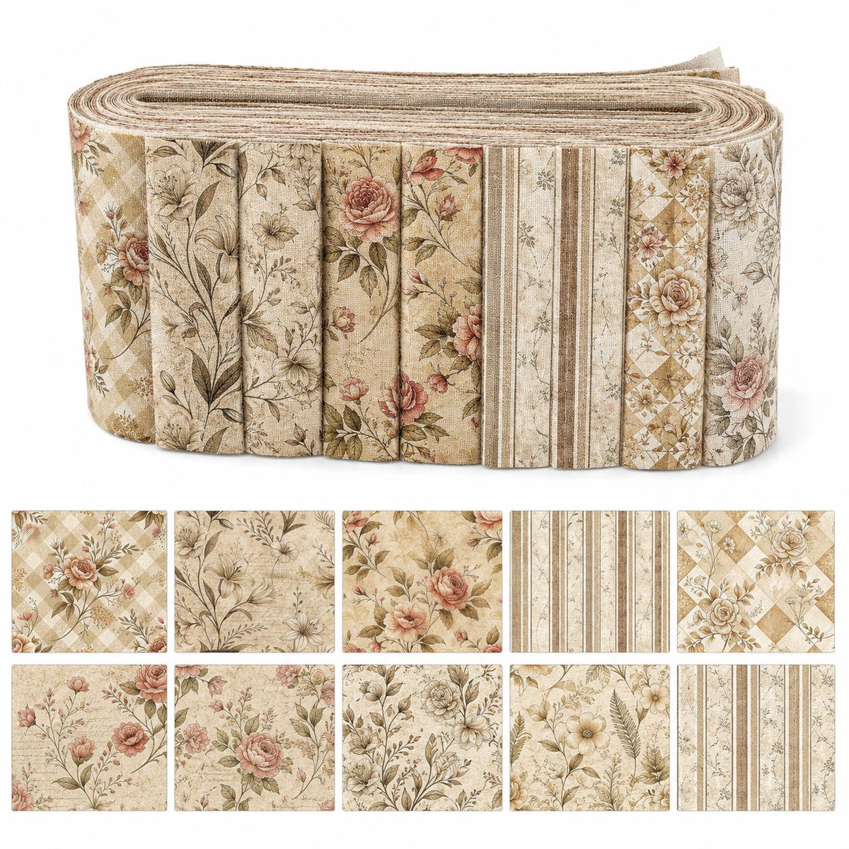 10pcs Vintage Daisy Floral Pattern Jelly Roll Fabric Strips 2.5X19.7inch Pre-Cut 100% Polyester For Patchwork Quilts, Table Runners, Placemats, Tote Bags, Storage Pouches, Makeup Bags, Coasters, Quilt Blocks & Binding