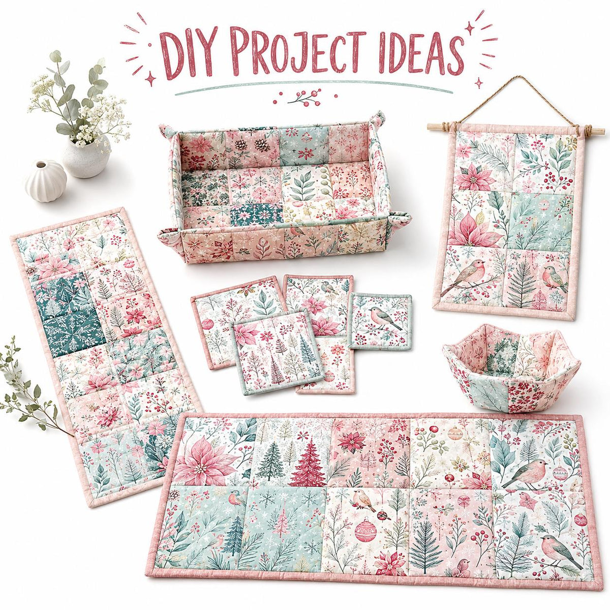 10Pc/Set Christmas Series Bird Flower Holly Pinecones Fat Quarter Fabric, Pre-Cut Square Fabric Assort, Fabric Set, Craft Fabric, Handmade DIY Patchwork Fabric,Home Quilting Sewing Fabric, Packaging Fabric, Scrapbooking Craft Hobbyist