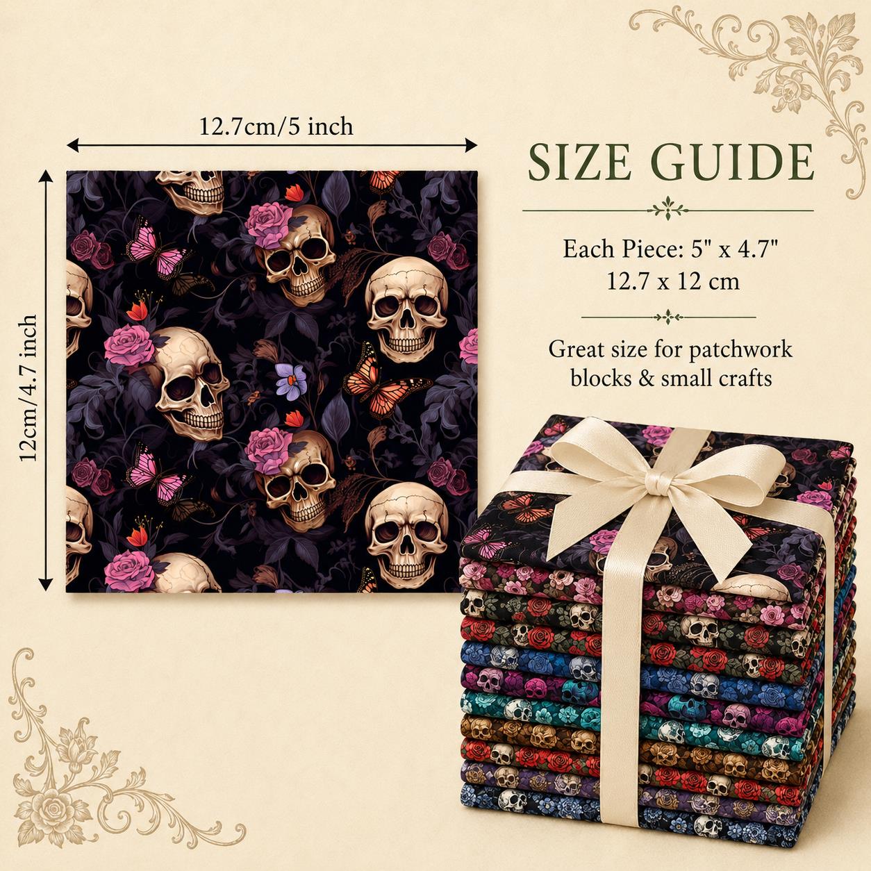 10pcs Charm Pack Set Skull Black Halloween Vintage Style Pattern Handmade DIY with Rich Color and Texture Elements 100% Polyester Patchwork in 10 Design Styles Suitable for Patchwork DIY Craft Projects DIY Wallet Making Gift Giving Bag Making Mother's Day