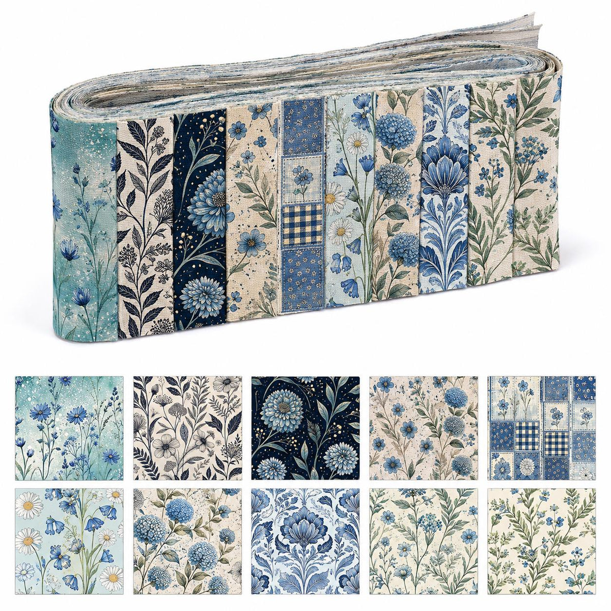 10pcs Vintage Blue Hydrangea Floral Pattern Jelly Roll Fabric Strips 2.5X19.7inch Pre-Cut 100% Polyester For Patchwork Quilts, Table Runners, Placemats, Tote Bags, Storage Pouches, Makeup Bags, Coasters, Quilt Blocks & Binding