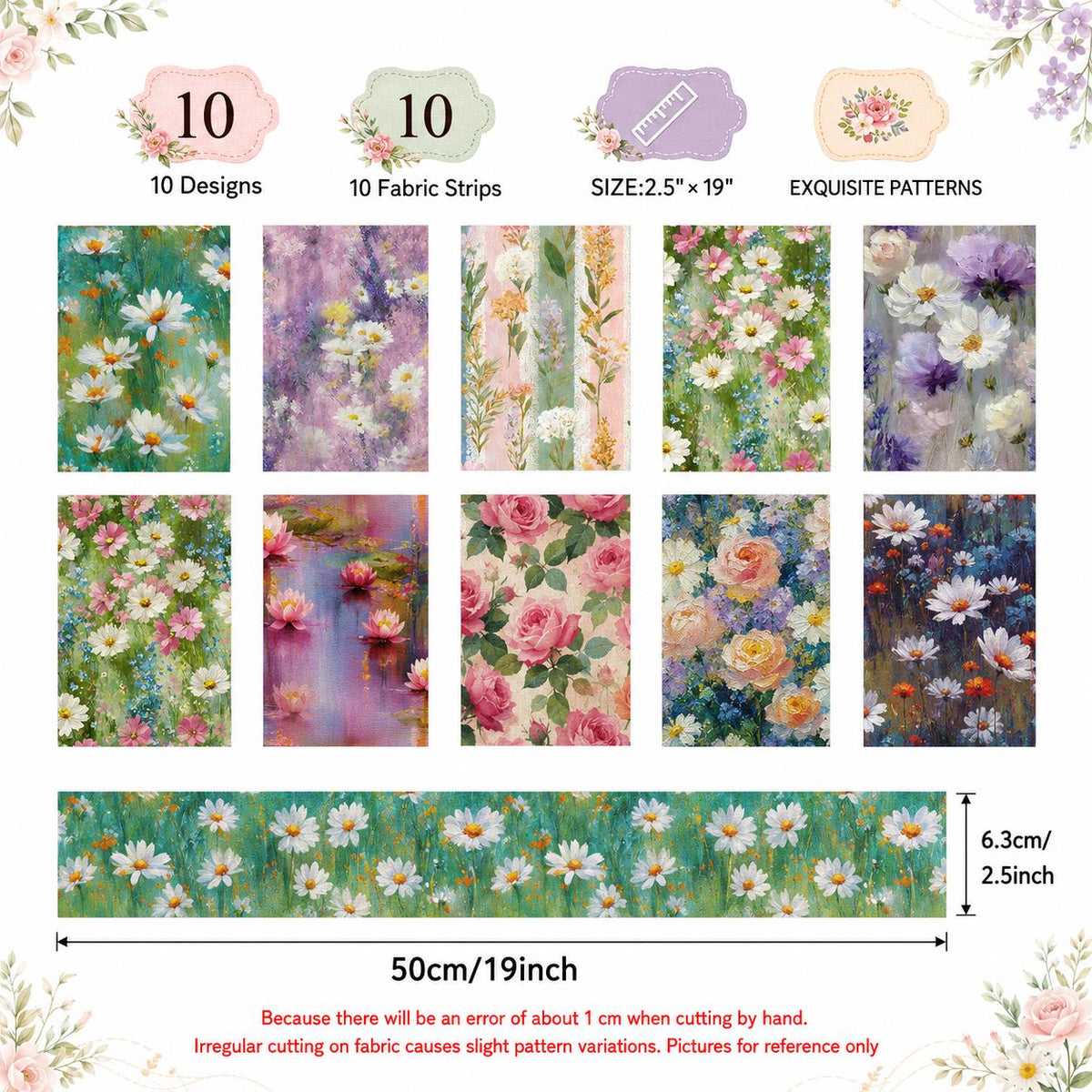 10pcs Vintage Floral Painting Pattern Jelly Roll Fabric Strips 2.5X19.7inch Pre-cut 100% Polyester for Patchwork Quilts, Table Runners, Placemats, Tote Bags, Storage Pouches, Makeup Bags, Coasters, Quilt Blocks & Binding Multi-color