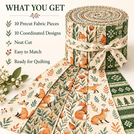 10pcs Vintage Fox Deer Floral Pattern Jelly Roll Fabric Strips 2.5X19.7inch Pre-Cut 100% Polyester For Patchwork Quilts, Table Runners, Placemats, Tote Bags, Storage Pouches, Makeup Bags, Coasters, Quilt Blocks & Binding