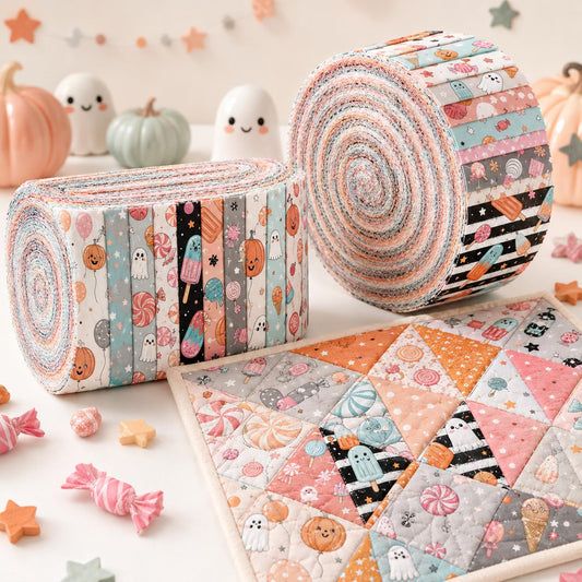 10pcs Vintage Candy Ghost Halloween Theme Jelly Roll Fabric Strips 2.5X19.7inch Pre-Cut 100% Polyester For Patchwork Quilts, Table Runners, Placemats, Tote Bags, Storage Pouches, Makeup Bags, Coasters, Quilt Blocks & Binding