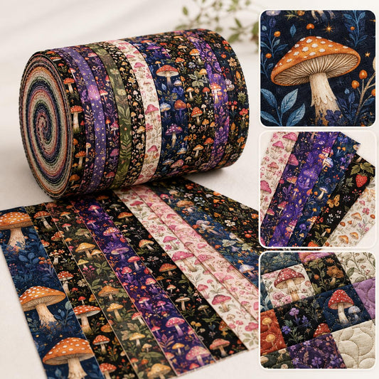 20pcs/set Vintage Mushroom Dark Pattern Jelly Roll Fabric Strips 2.5X19.7inch Pre-Cut 100% Polyester For Patchwork Quilts, Table Runners, Placemats, Tote Bags, Storage Pouches, Makeup Bags, Coasters, Quilt Blocks & Binding