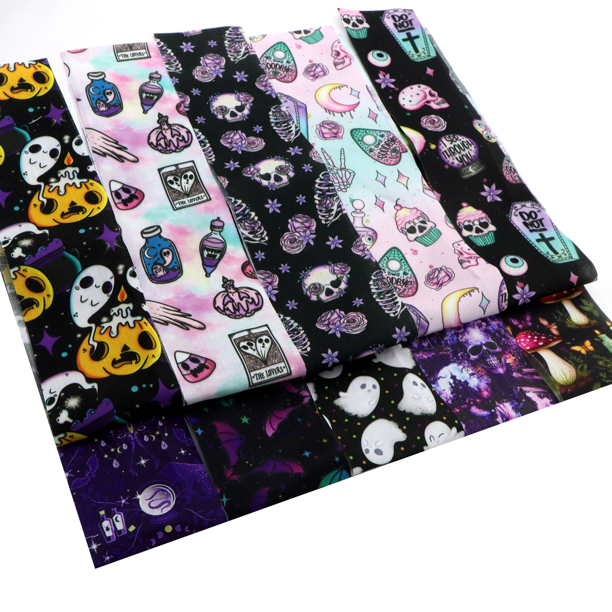10Pc/Set, Making 10 Images 1pc Each, Each Size: 6.3*50cm Black Candy Skull Pumpkin Bat Ghost Halloween Series Sliced Fabric Set Style Combination, Polyester Jelly Roll Fabric Strips, Pre-Cut Quilting Squares, For Quilting DIY, Handicrafts And Sewing, Blan