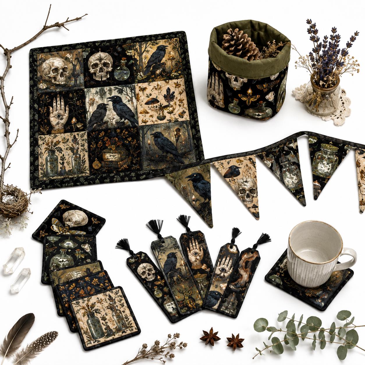 10pcs Vintage Skull Crow Black Pattern Jelly Roll Fabric Strips 2.5X19.7inch Pre-cut 100% Polyester for Patchwork Quilts, Table Runners, Placemats, Tote Bags, Storage Pouches, Makeup Bags, Coasters, Quilt Blocks & Binding