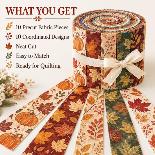 10pcs Vintage Floral Maple Leaf Pumpkin Autumn Theme Jelly Roll Fabric Strips 2.5X19.7inch Pre-Cut 100% Polyester For Patchwork Quilts, Table Runners, Placemats, Tote Bags, Storage Pouches, Makeup Bags, Coasters, Quilt Blocks & Binding