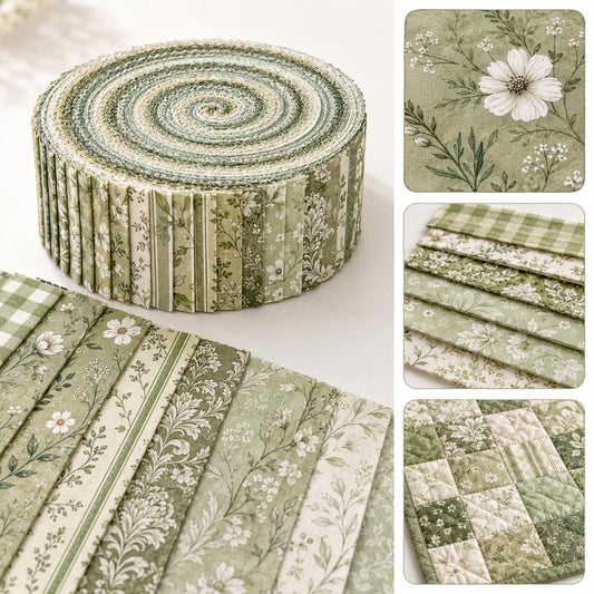 10pcs Vintage Green Floral Pattern Jelly Roll Fabric Strips 2.5X19.7inch Pre-Cut 100% Polyester For Patchwork Quilts, Table Runners, Placemats, Tote Bags, Storage Pouches, Makeup Bags, Coasters, Quilt Blocks & Binding