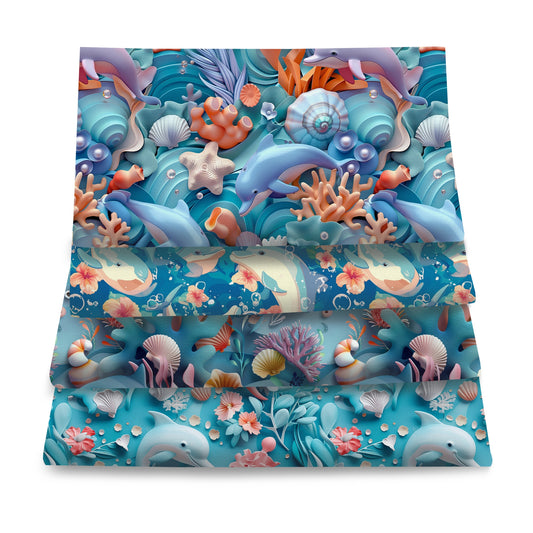 4Pc/set 7.87x7.87inch(20x20cm) Dolphin series Precut Quilting Fabric Fat Quarter Fabric Bundle, Polyester Quilting Squares for Patchwork, DIY Crafts Projects, DIY Wallet Making