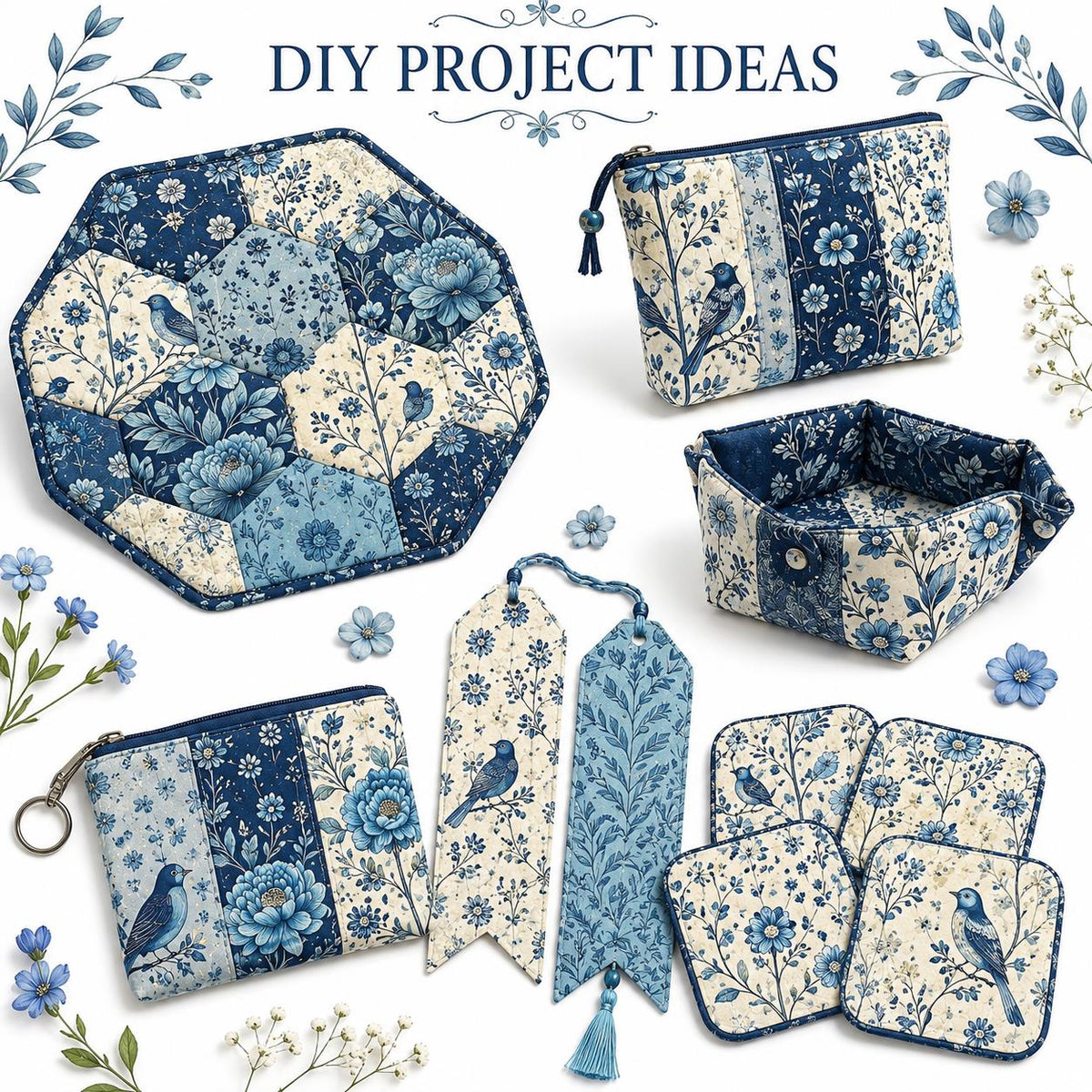 10Pc/Set Blue Flower Bird Series Fat Quarter Fabric, Pre-Cut Square Fabric Assort, Fabric Set, Craft Fabric, Handmade DIY Patchwork Fabric,Home Quilting Sewing Fabric, Packaging Fabric, Scrapbooking Craft Hobbyist