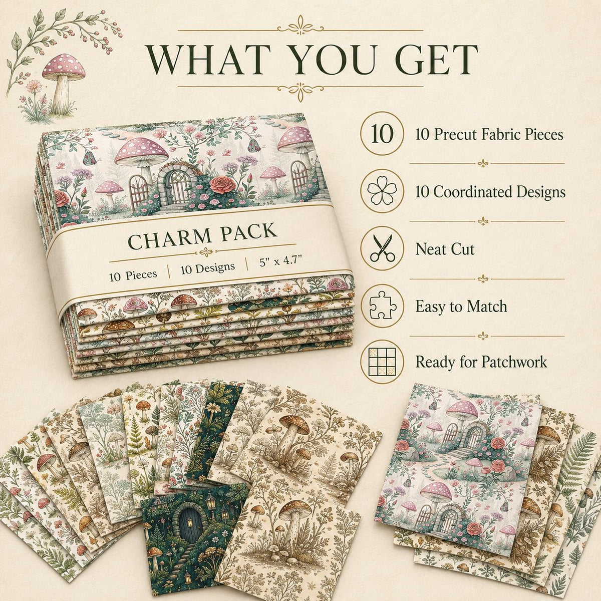 10pcs Charm Pack Set Mushroom Pattern 100% Polyester Patchwork in 10 Design Styles, Ready-to-Sew Without Cutting, Suitable For Patchwork Wallet Making Gift Giving Tote Bags Coasters DIY Craft Projects