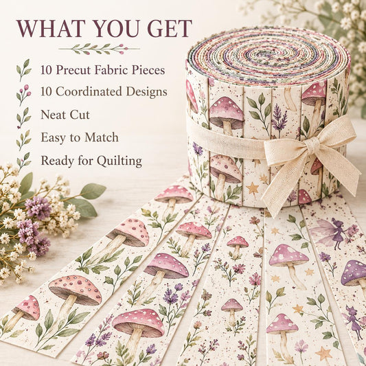 10pcs Vintage Mushroom Pattern Jelly Roll Fabric Strips 2.5X19.7inch Pre-Cut 100% Polyester For Patchwork Quilts, Table Runners, Placemats, Tote Bags, Storage Pouches, Makeup Bags, Coasters, Quilt Blocks & Binding
