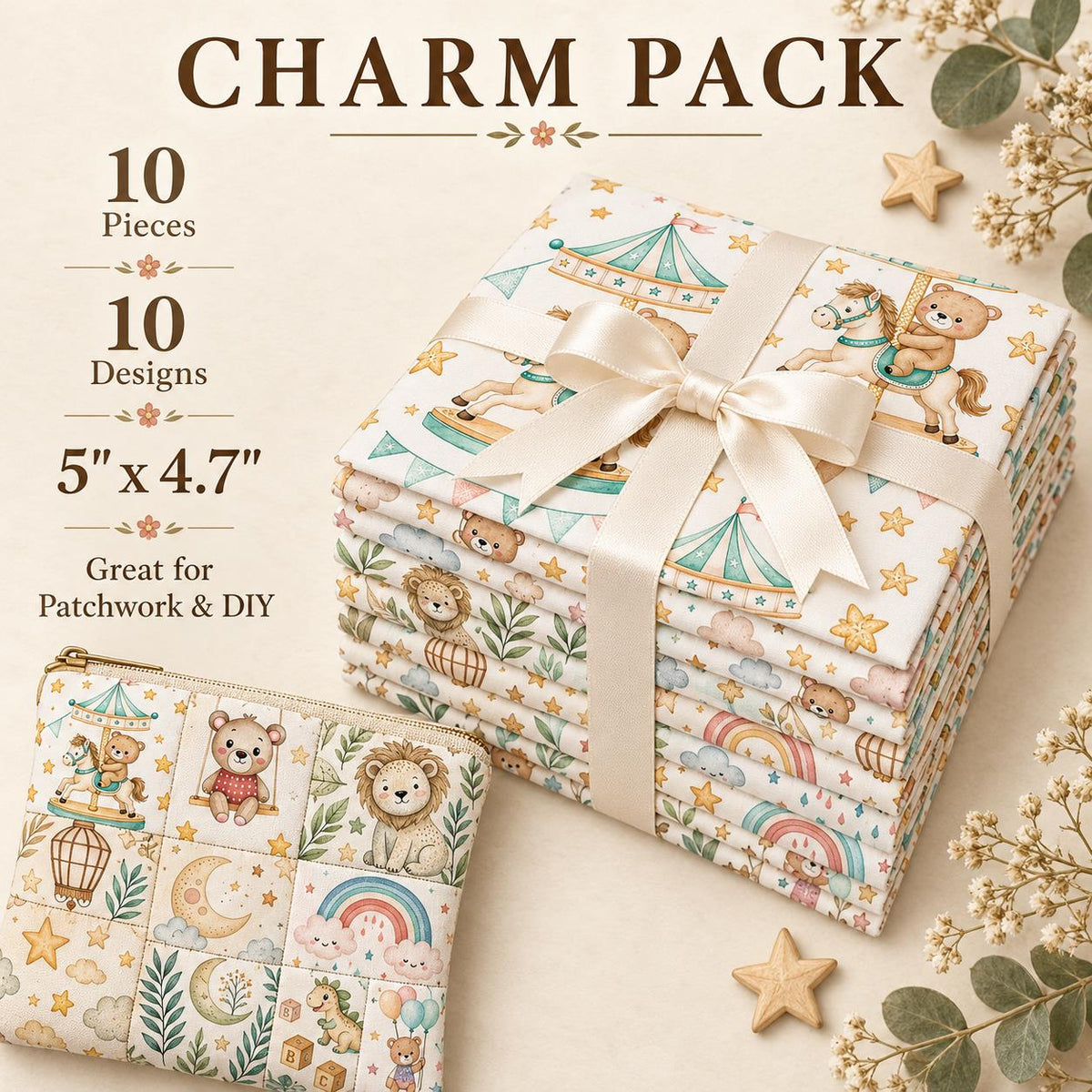 10Pc/Set Animal Series Dinosaurs Star Lions Bear Cloud Moon Fat Quarter Fabric, Pre-Cut Square Fabric Assort, Fabric Set, Craft Fabric, Handmade DIY Patchwork Fabric,Home Quilting Sewing Fabric, Packaging Fabric, Scrapbooking Craft Hobbyist