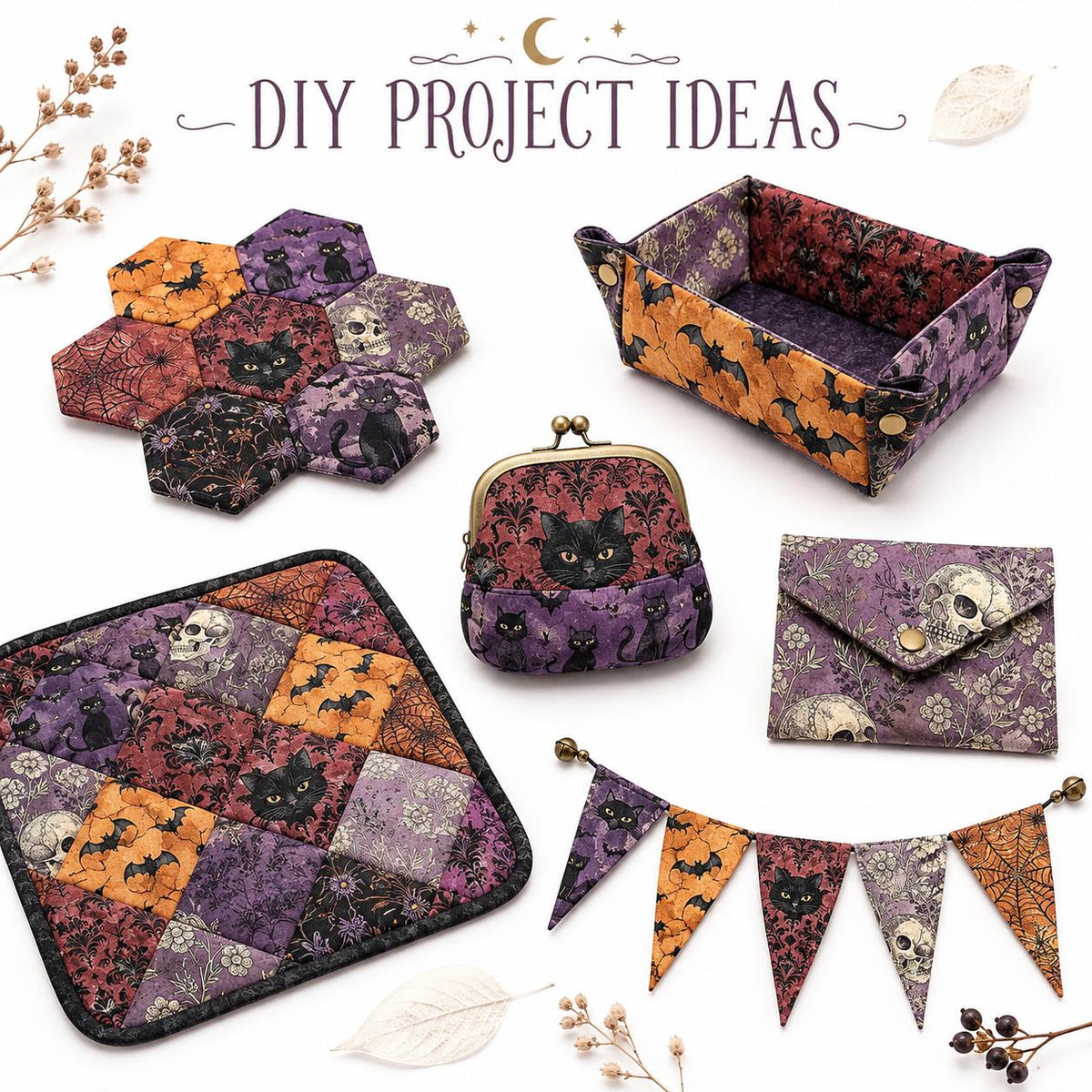 10Pc/Set Halloween Series Flower Skull Spider Web Bat Fat Quarter Fabric, Pre-Cut Square Fabric Assort, Fabric Set, Craft Fabric, Handmade DIY Patchwork Fabric,Home Quilting Sewing Fabric, Packaging Fabric, Scrapbooking Craft Hobbyist