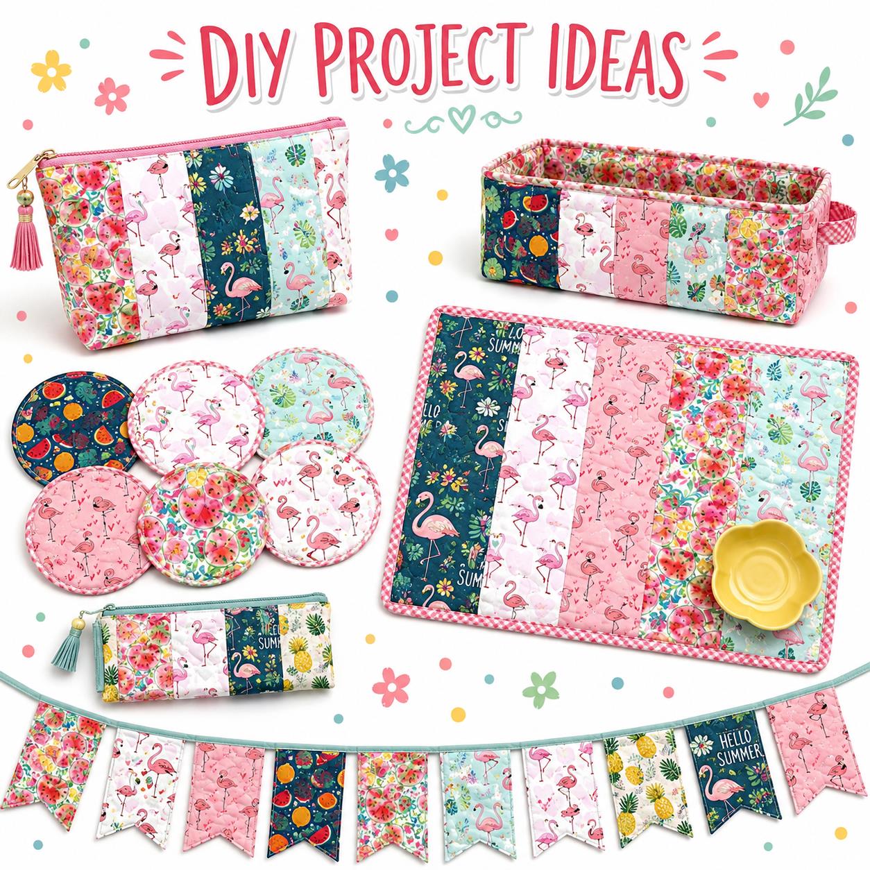 10Pc/Set, Making 10 Images 1pc Each, Each Size: 6.3*50cm Summer Watermelon Flamingo Series Sliced Fabric Set Style Combination, Polyester Jelly Roll Fabric Strips, Pre-Cut Quilting Squares, For Quilting DIY, Handicrafts And Sewing, Blankets, Rugs