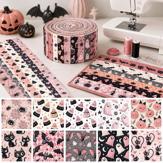 10pcs Vintage Ghost Skull Pumpkin Halloween Theme Jelly Roll Fabric Strips 2.5X19.7inch Pre-Cut 100% Polyester For Patchwork Quilts, Table Runners, Placemats, Tote Bags, Storage Pouches, Makeup Bags, Coasters, Quilt Blocks & Binding