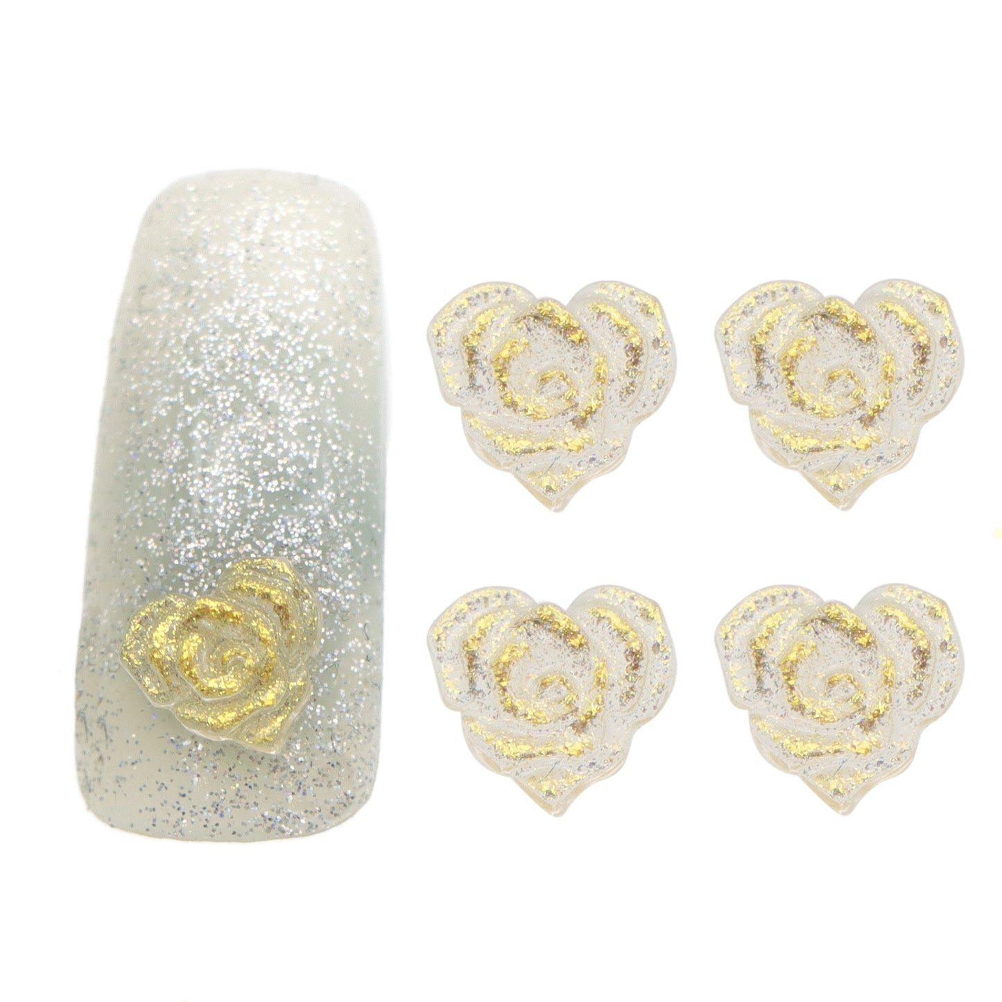 50Pcs Pearlescent Glitter Rose Flower Heart Nail Charms - Transparent Acrylic Beads, Flatback Skeleton Cabochons for DIY Nail Art & Craft Decorations