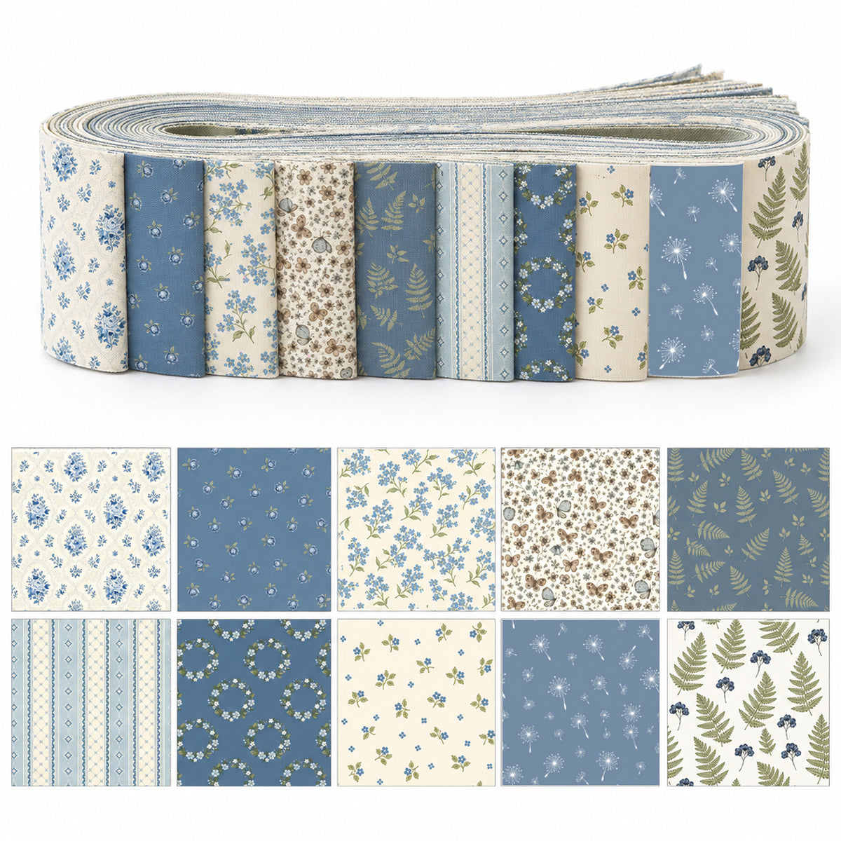 10pcs Vintage Floral Blue & White Pattern Purple Jelly Roll Fabric Strips 2.5X19.7inch Pre-cut 100% Polyester for Patchwork Quilts, Table Runners, Placemats, Tote Bags, Storage Pouches, Makeup Bags, Coasters, Quilt Blocks & Binding