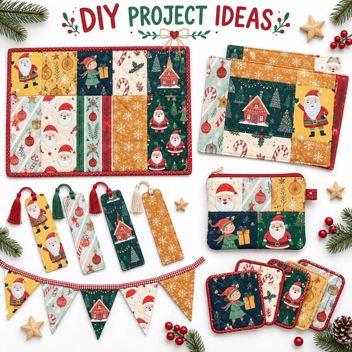 10Pc/Set Christmas Series Santa Claus Star Holly Gift Fat Quarter Fabric, Pre-Cut Square Fabric Assort, Fabric Set, Craft Fabric, Handmade DIY Patchwork Fabric,Home Quilting Sewing Fabric, Packaging Fabric, Scrapbooking Craft Hobbyist