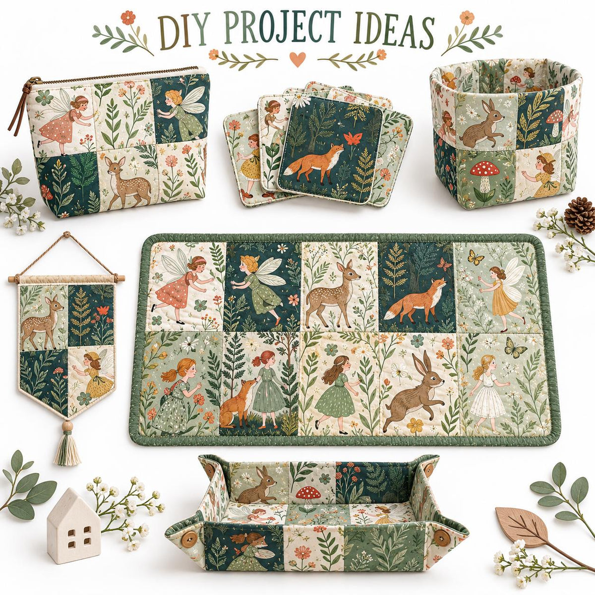 10Pc/Set Flower Series Deer Tree Fox Mushroom Fat Quarter Fabric, Pre-Cut Square Fabric Assort, Fabric Set, Craft Fabric, Handmade DIY Patchwork Fabric,Home Quilting Sewing Fabric, Packaging Fabric, Scrapbooking Craft Hobbyist