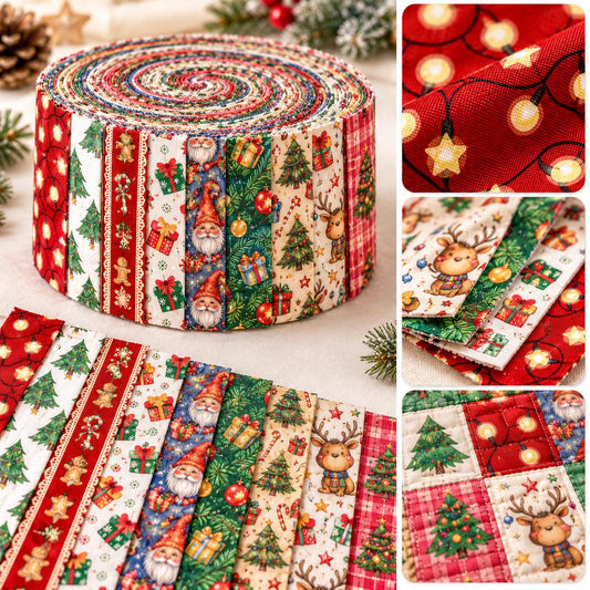 10pcs Vintage Gift Santa Christmas Tree Theme Jelly Roll Fabric Strips 2.5X19.7inch Pre-Cut 100% Polyester For Patchwork Quilts, Table Runners, Placemats, Tote Bags, Storage Pouches, Makeup Bags, Coasters, Quilt Blocks & Binding