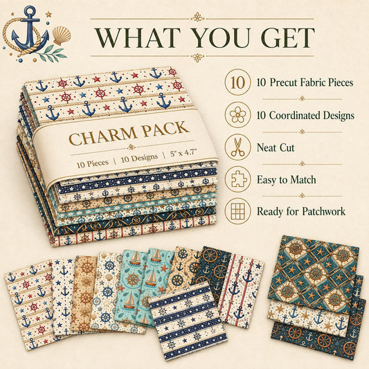 10pcs Charm Pack Set Anchor Pattern 100% Polyester Patchwork in 10 Design Styles, Ready-to-Sew Without Cutting, Suitable For Patchwork Wallet Making Gift Giving Tote Bags Coasters DIY Craft Projects