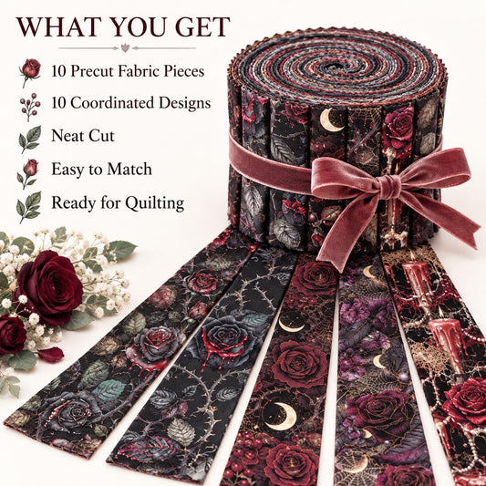 10pcs Vintage Candle Blood Flower Halloween Theme Jelly Roll Fabric Strips 2.5X19.7inch Pre-Cut 100% Polyester For Patchwork Quilts, Table Runners, Placemats, Tote Bags, Storage Pouches, Makeup Bags, Coasters, Quilt Blocks & Binding