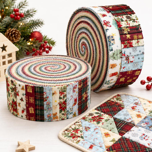 10pcs Vintage Snow Santa Plaid Christmas Theme Jelly Roll Fabric Strips 2.5X19.7inch Pre-Cut 100% Polyester For Patchwork Quilts, Table Runners, Placemats, Tote Bags, Storage Pouches, Makeup Bags, Coasters, Quilt Blocks & Binding