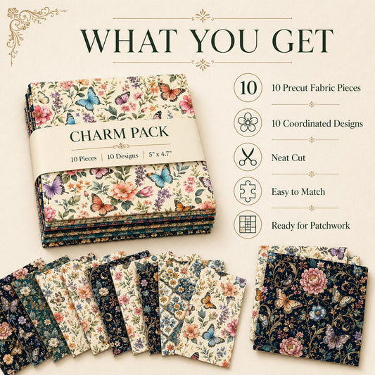 10pcs Charm Pack Set Floral Butterfly Pattern Vintage Style Handmade DIY with Rich Color and Texture Elements 100% Polyester Patchwork in 10 Design Styles Suitable for Patchwork DIY Craft Projects DIY Wallet Making Gift Giving Bag Making Mother's Day Gift