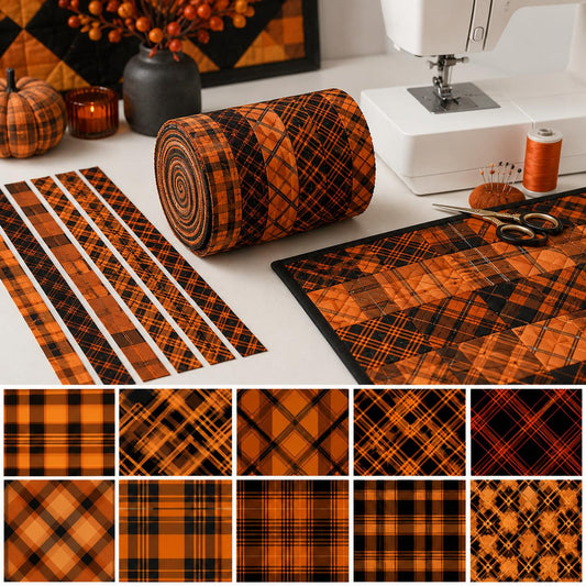 10pcs Vintage Plaid Autumn Pattern Jelly Roll Fabric Strips 2.5X19.7inch Pre-Cut 100% Polyester For Patchwork Quilts, Table Runners, Placemats, Tote Bags, Storage Pouches, Makeup Bags, Coasters, Quilt Blocks & Binding