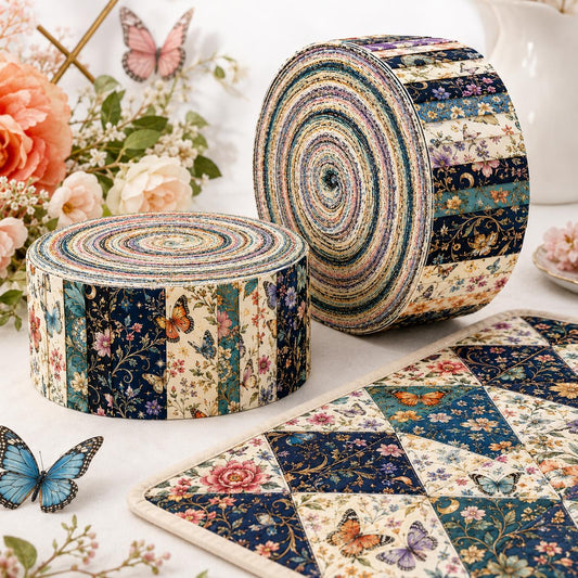 10pcs Vintage Floral Butterfly Pattern Jelly Roll Fabric Strips 2.5X19.7inch Pre-Cut 100% Polyester For Patchwork Quilts, Table Runners, Placemats, Tote Bags, Storage Pouches, Makeup Bags, Coasters, Quilt Blocks & Binding