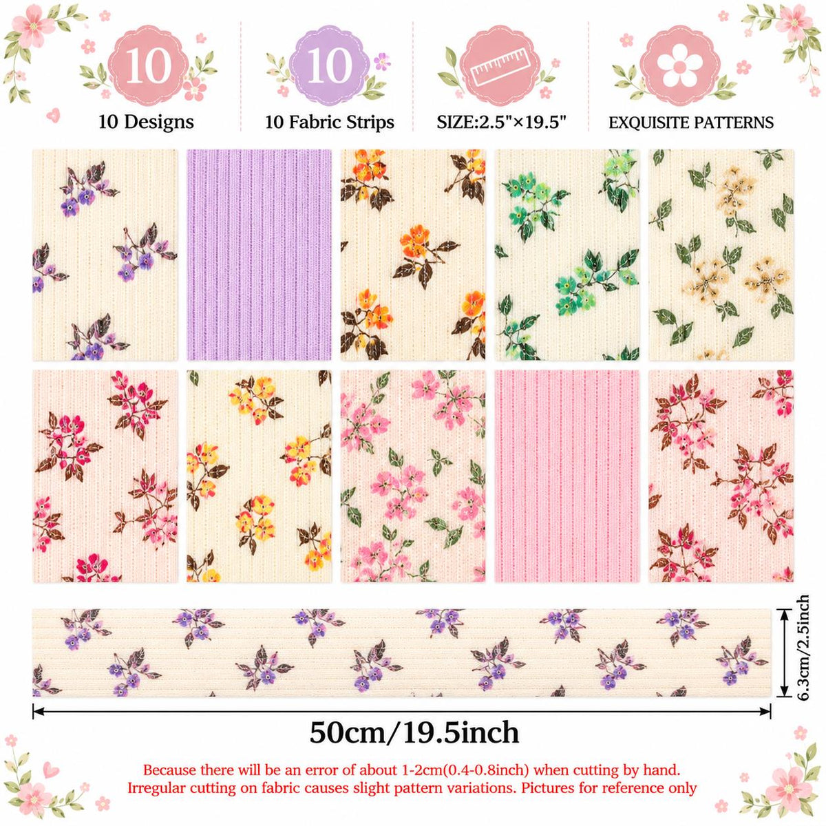 10pcs Vintage Floral Corduroy Fabric Jelly Roll Fabric Strips 2.5X19.7inch Pre-cut 100% Polyester for Patchwork Quilts, Table Runners, Placemats, Tote Bags, Storage Pouches, Makeup Bags, Coasters, Quilt Blocks & Binding Multi-color