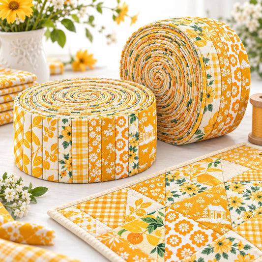 10pcs Vintage Floral Yellow Theme Jelly Roll Fabric Strips 2.5X19.7inch Pre-Cut 100% Polyester For Patchwork Quilts, Table Runners, Placemats, Tote Bags, Storage Pouches, Makeup Bags, Coasters, Quilt Blocks & Binding