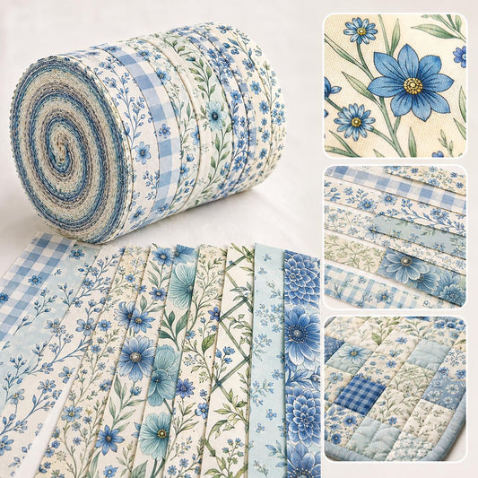 10pcs Vintage Blue Hydrangea Floral Pattern Jelly Roll Fabric Strips 2.5X19.7inch Pre-Cut 100% Polyester For Patchwork Quilts, Table Runners, Placemats, Tote Bags, Storage Pouches, Makeup Bags, Coasters, Quilt Blocks & Binding
