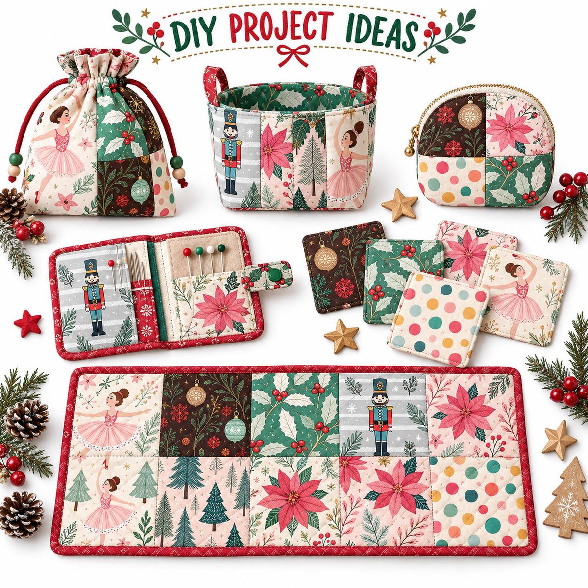10Pc/Set Christmas Series Flower Ballet Tree Holly Fat Quarter Fabric, Pre-Cut Square Fabric Assort, Fabric Set, Craft Fabric, Handmade DIY Patchwork Fabric,Home Quilting Sewing Fabric, Packaging Fabric, Scrapbooking Craft Hobbyist