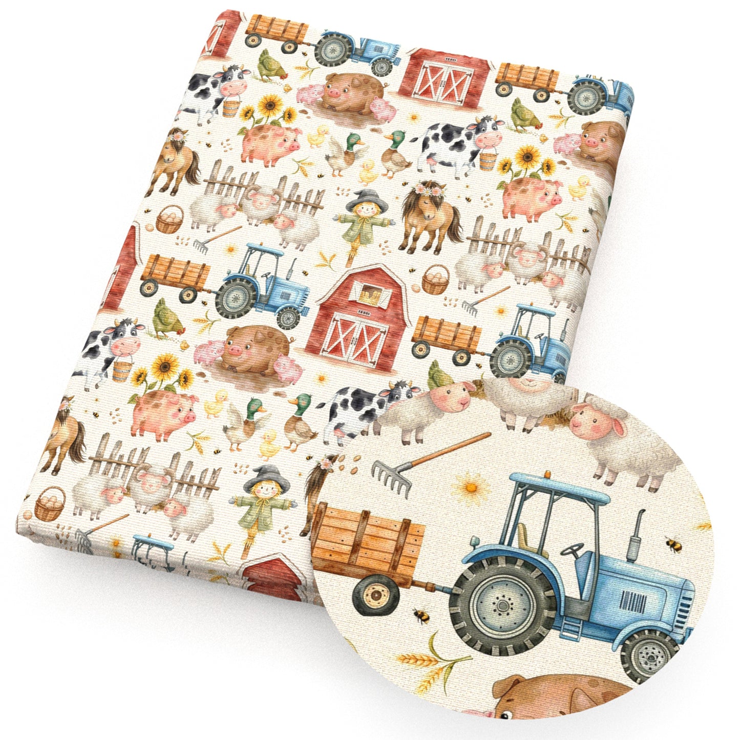 sheep turkey chicken duck ear of wheat scarecrow horse eggs house daisy sunflower cow bee fabric