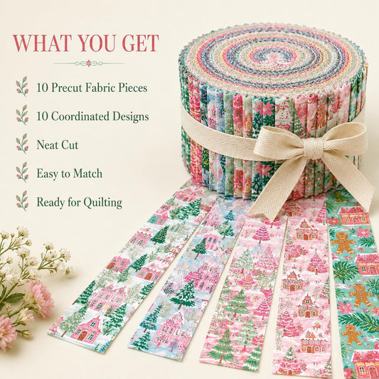 10pcs Vintage Pink Christmas Tree Theme Jelly Roll Fabric Strips 2.5X19.7inch Pre-Cut 100% Polyester For Patchwork Quilts, Table Runners, Placemats, Tote Bags, Storage Pouches, Makeup Bags, Coasters, Quilt Blocks & Binding