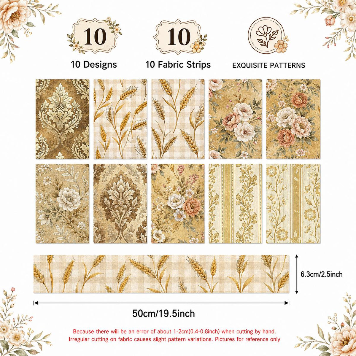 10pcs Vintage Floral Ear Of Wheat Autumn Pattern Jelly Roll Fabric Strips 2.5X19.7inch Pre-Cut 100% Polyester For Patchwork Quilts, Table Runners, Placemats, Tote Bags, Storage Pouches, Makeup Bags, Coasters, Quilt Blocks & Binding