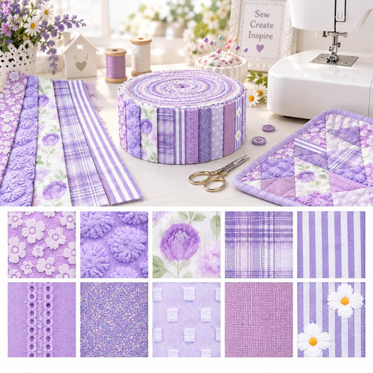 10pcs Vintage Floral Plaid Purple Pattern Jelly Roll Fabric Strips 2.5X19.7inch Pre-cut 100% Polyester for Patchwork Quilts, Table Runners, Placemats, Tote Bags, Storage Pouches, Makeup Bags, Coasters, Quilt Blocks & Binding Multi-color