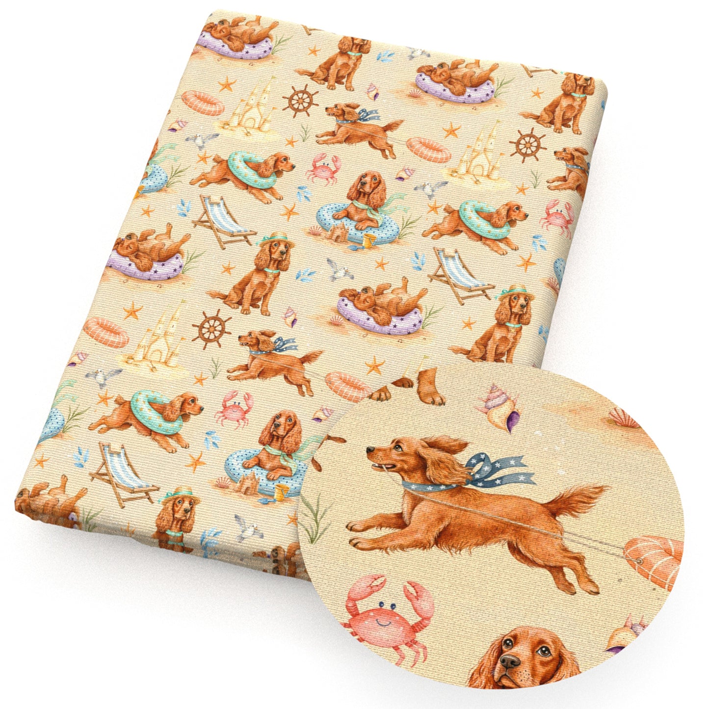 dogpuppy beach swimming ring crabcrabs star starfish conch fabric