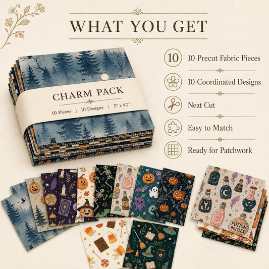 10pcs Charm Pack Set Pumpkin Skull Halloween Pattern Vintage Style Handmade DIY with Rich Color and Texture Elements 100% Polyester Patchwork in 10 Design Styles Suitable for Patchwork DIY Craft Projects DIY Wallet Making Gift Giving Bag Making Mother's D