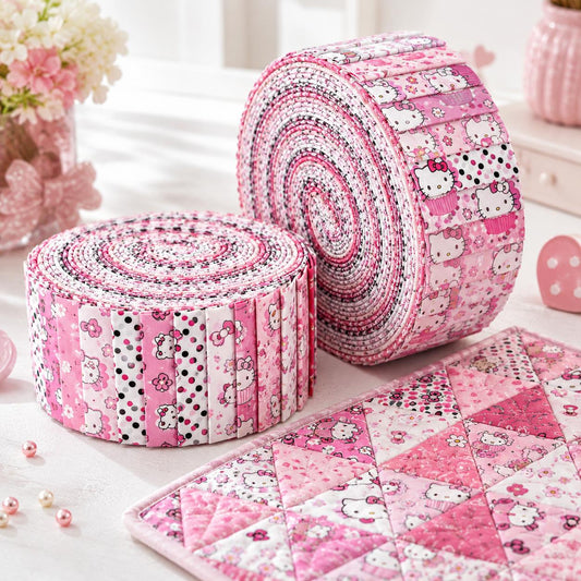 10pcs Vintage Sanrio Hello Kitty Pattern Jelly Roll Fabric Strips 2.5X19.7inch Pre-cut 100% Cotton for Patchwork Quilts, Table Runners, Placemats, Tote Bags, Storage Pouches, Makeup Bags, Coasters, Quilt Blocks & Binding