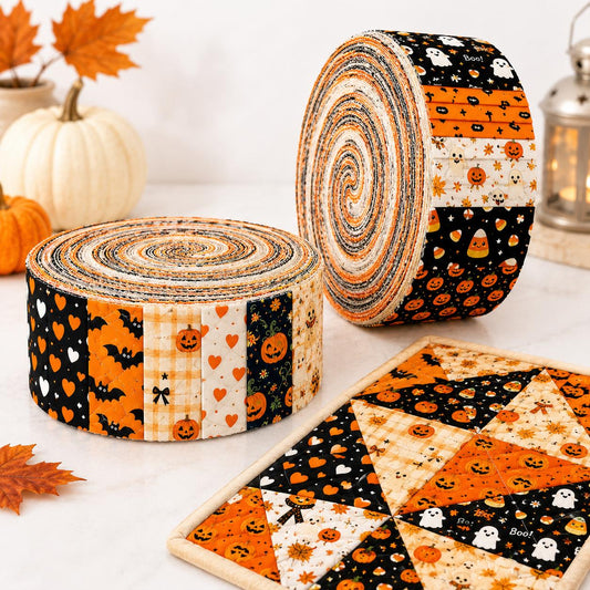 10pcs Vintage Ghost Pumpkin Halloween Theme Jelly Roll Fabric Strips 2.5X19.7inch Pre-Cut 100% Polyester For Patchwork Quilts, Table Runners, Placemats, Tote Bags, Storage Pouches, Makeup Bags, Coasters, Quilt Blocks & Binding