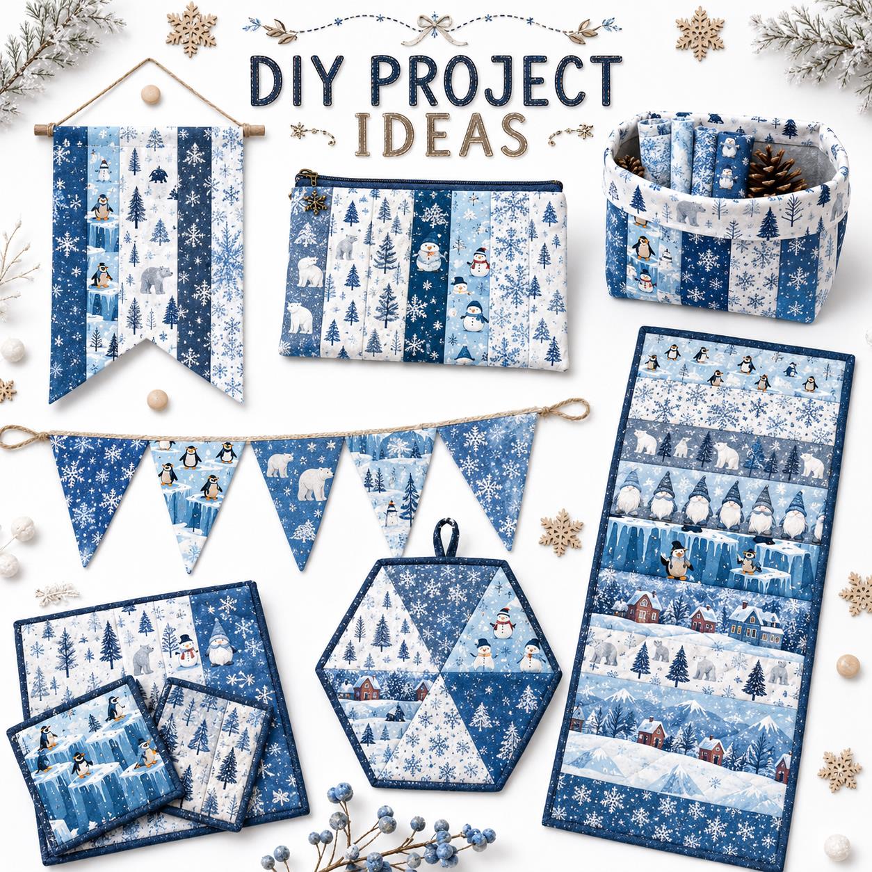 10pcs Vintage Penguin Snow Jelly Roll Fabric Strips 2.5X19.7inch Pre-Cut 100% Polyester For Patchwork Quilts, Table Runners, Placemats, Tote Bags, Storage Pouches, Makeup Bags, Coasters, Quilt Blocks & Binding Christmas Day Gift