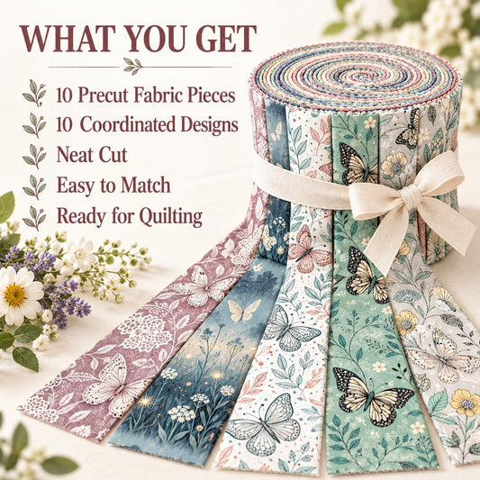 10pcs Vintage Floral Butterfly Pattern Jelly Roll Fabric Strips 2.5X19.7inch Pre-Cut 100% Polyester For Patchwork Quilts, Table Runners, Placemats, Tote Bags, Storage Pouches, Makeup Bags, Coasters, Quilt Blocks & Binding