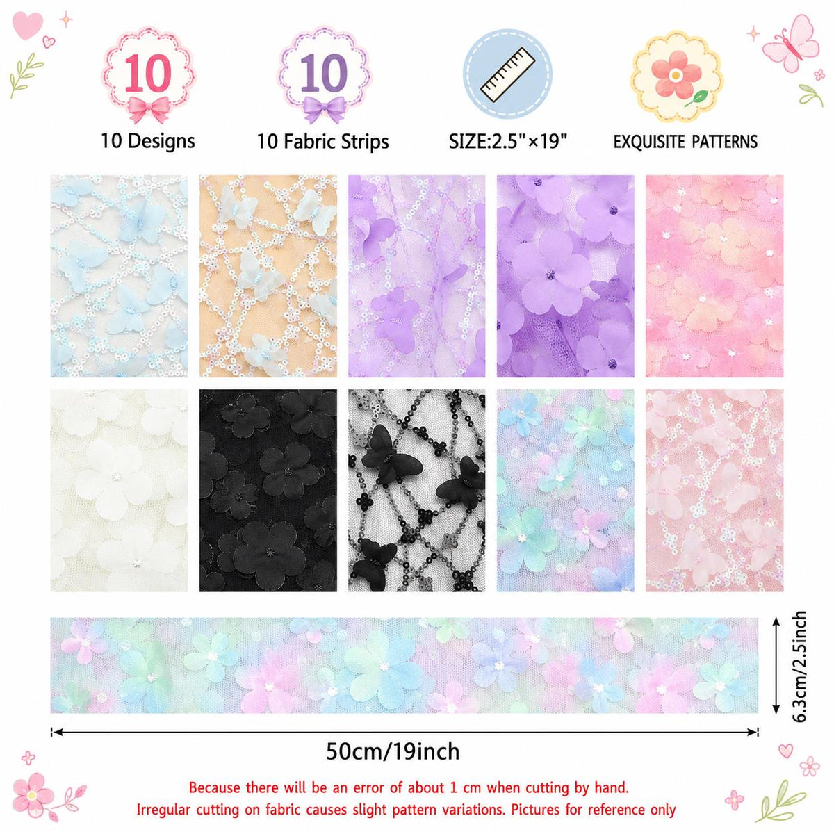 10Pc/Set, Making 10 Images 1pc Each, Each Size: 6.3*50cm Floral Butterfly Mesh Gauze Lace Series Sliced Fabric Set Style Combination, Polyester Jelly Roll Fabric Strips, Pre-Cut Quilting Squares, For Quilting DIY, Handicrafts And Sewing, Blankets, Rugs, I