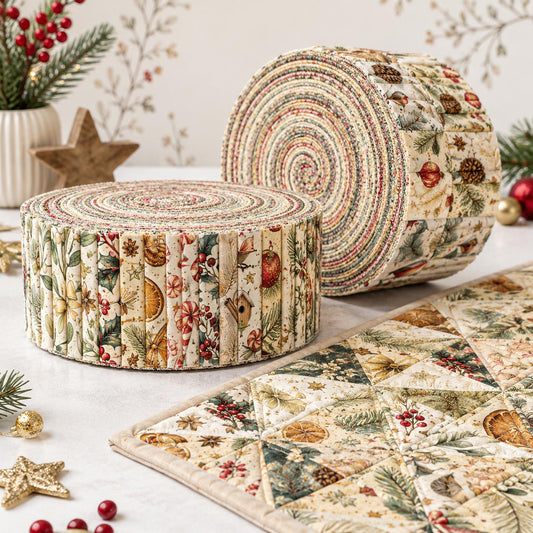 10pcs Vintage Holly Candy Pine Cones Christmas Pattern Jelly Roll Fabric Strips 2.5X19.7inch Pre-Cut 100% Polyester For Patchwork Quilts, Table Runners, Placemats, Tote Bags, Storage Pouches, Makeup Bags, Coasters, Quilt Blocks & Binding