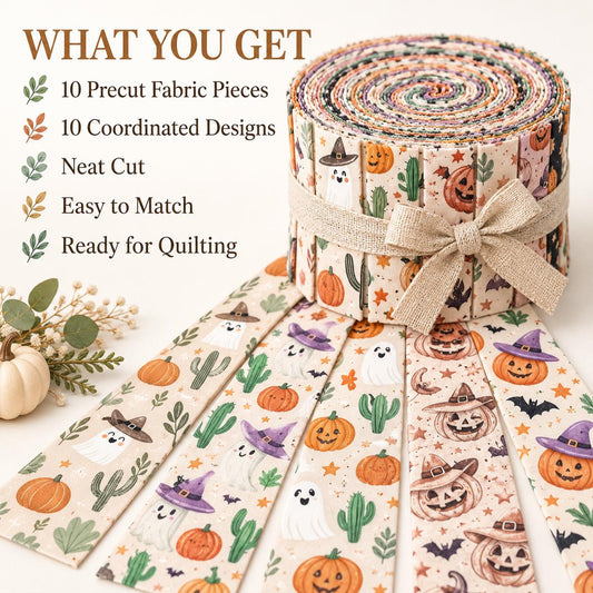 10pcs Vintage Halloween Pumpkin Ghost Pattern Jelly Roll Fabric Strips 2.5X19.7inch Pre-Cut 100% Polyester For Patchwork Quilts, Table Runners, Placemats, Tote Bags, Storage Pouches, Makeup Bags, Coasters, Quilt Blocks & Binding