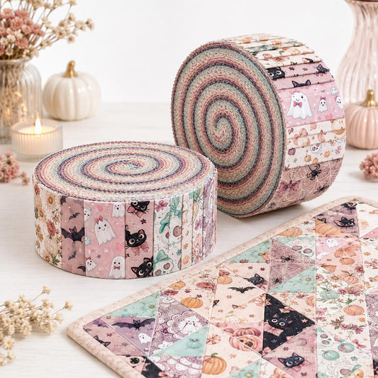 10pcs Vintage Ghost Bat Pumpkin Hallowen Theme Jelly Roll Fabric Strips 2.5X19.7inch Pre-Cut 100% Polyester For Patchwork Quilts, Table Runners, Placemats, Tote Bags, Storage Pouches, Makeup Bags, Coasters, Quilt Blocks & Binding