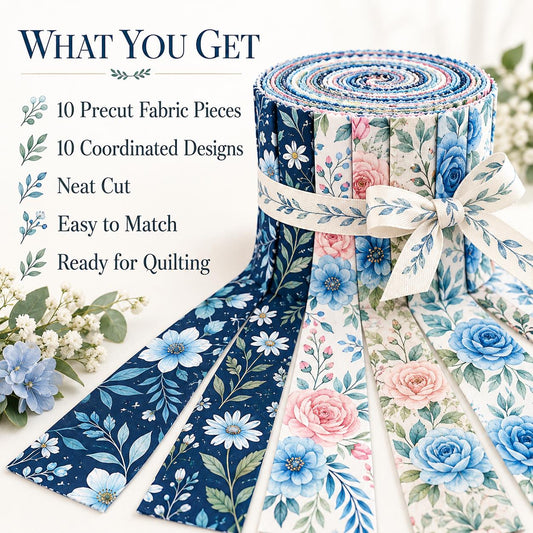 10pcs Vintage Blue Floral Pattern Jelly Roll Fabric Strips 2.5X19.7inch Pre-Cut 100% Polyester For Patchwork Quilts, Table Runners, Placemats, Tote Bags, Storage Pouches, Makeup Bags, Coasters, Quilt Blocks & Binding